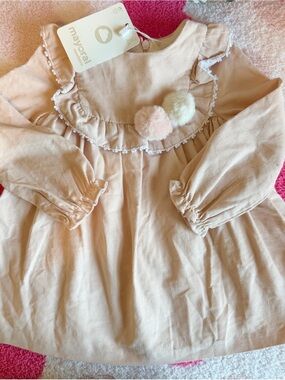 Mayoral Cream Ribbed Baby Dress with Pom-Pom Trim 12-18m